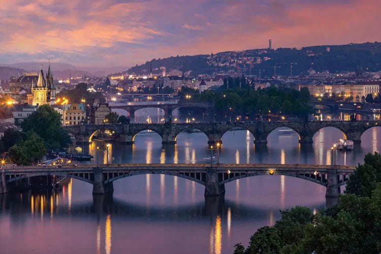 Evening View Over The Vltava Bridges In Prague