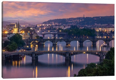 Evening View Over The Vltava Bridges In Prague Canvas Art Print - City Sunrise & Sunset Art