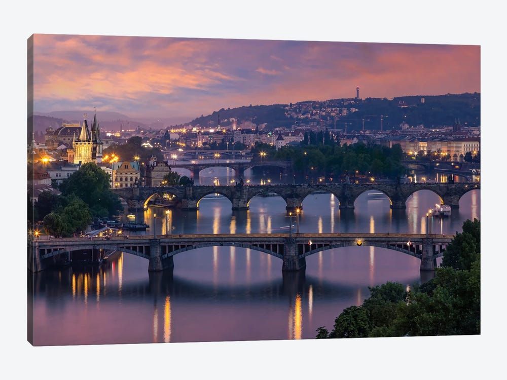 Evening View Over The Vltava Bridges In Prague by Melanie Viola 1-piece Canvas Wall Art