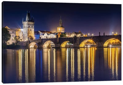 Night Impression Of Charles Bridge With Old Town Bridge Tower Canvas Art Print - Czech Republic Art