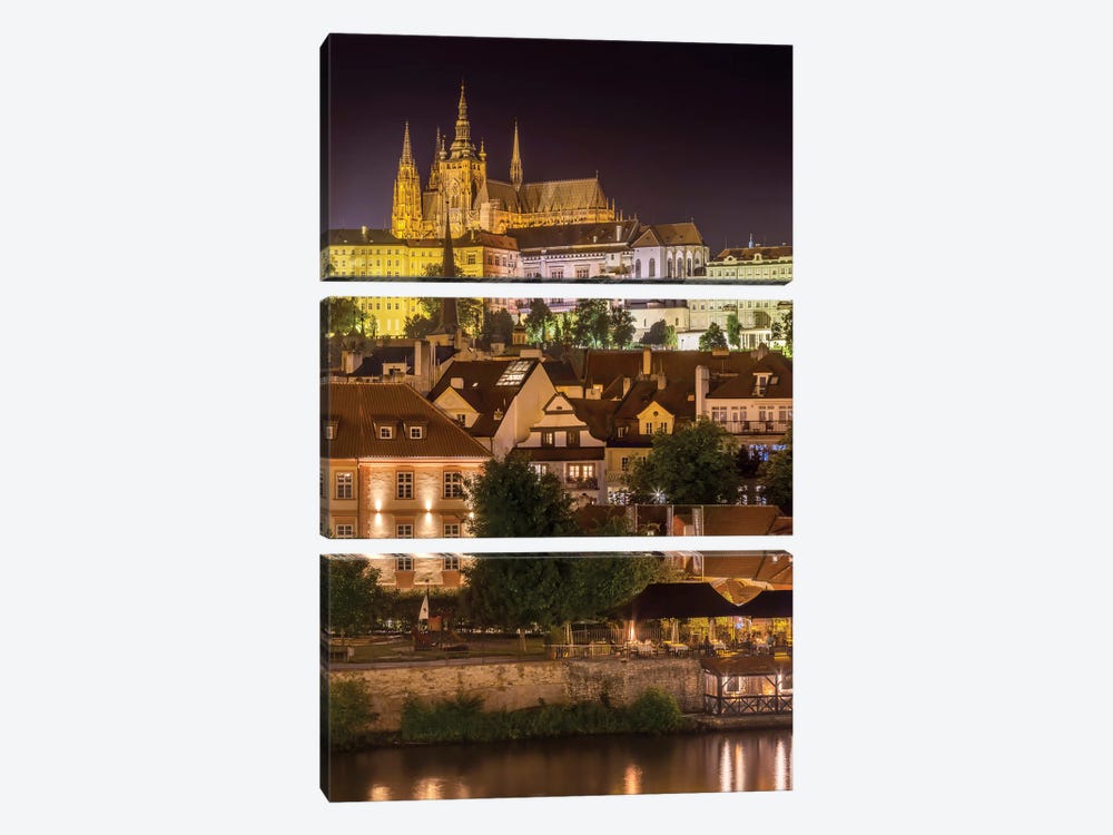 Prague Castle And St. Vitus Cathedral By Night by Melanie Viola 3-piece Canvas Print