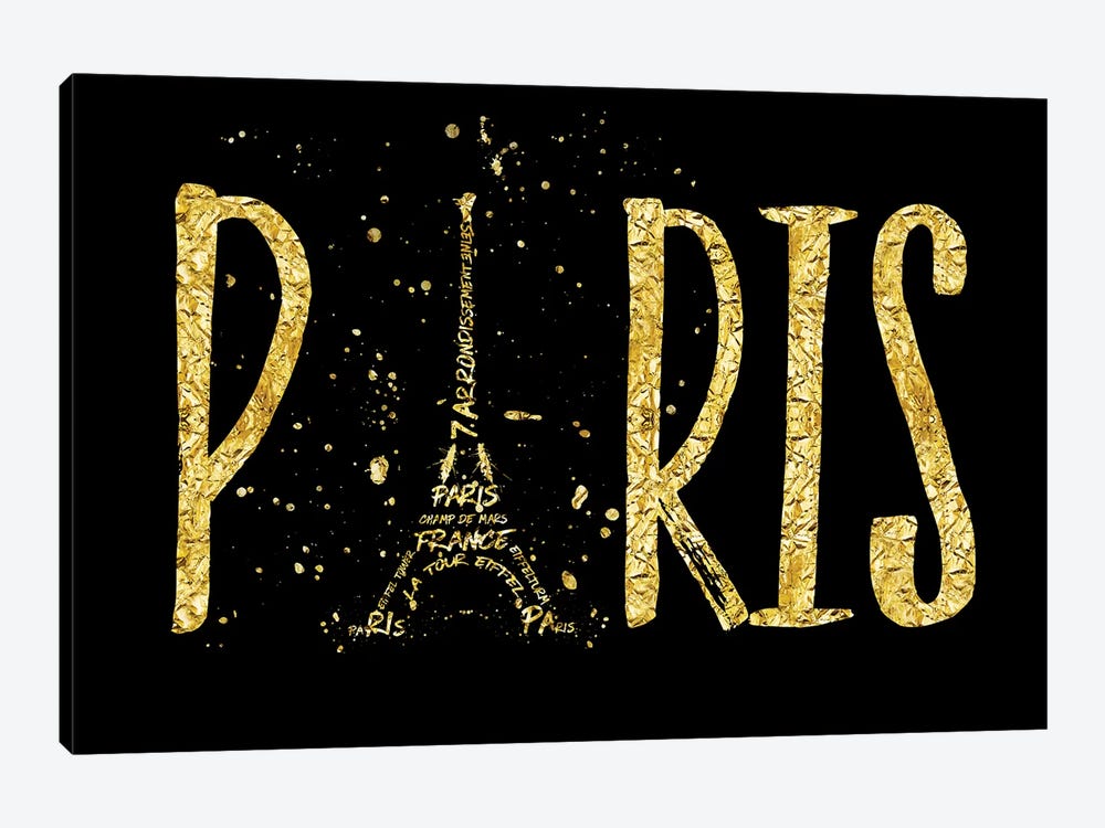 Paris Typography - Gold Splashes 1-piece Canvas Wall Art
