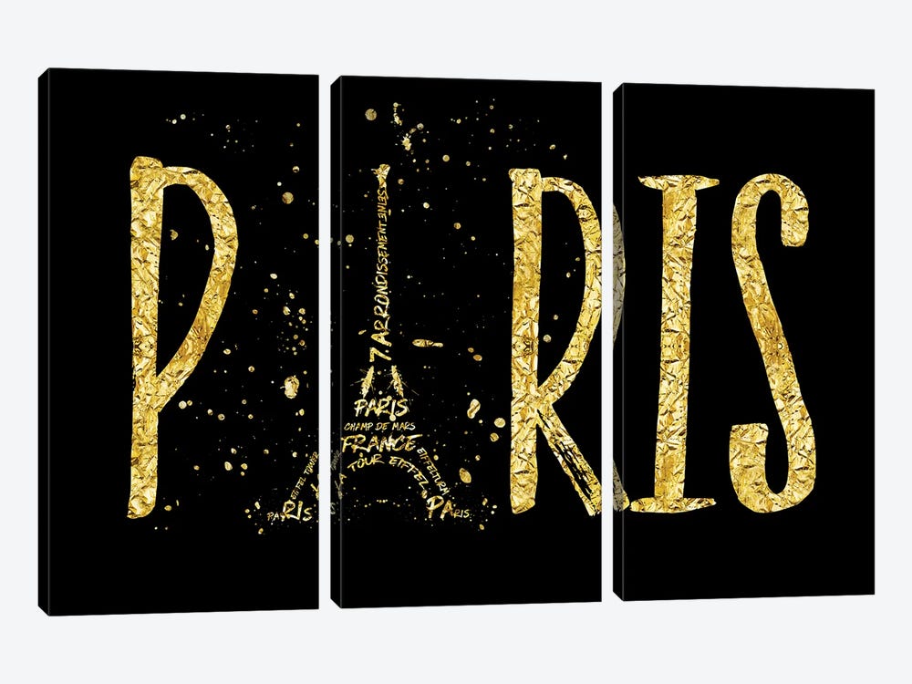 Paris Typography - Gold Splashes 3-piece Canvas Artwork