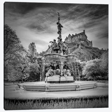 Ross Fountain And Edinburgh Castle - Monochrome Canvas Print #MEV964} by Melanie Viola Canvas Art