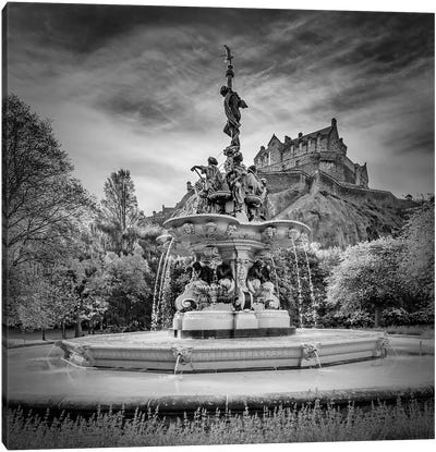 Ross Fountain And Edinburgh Castle - Monochrome Canvas Art Print - Edinburgh