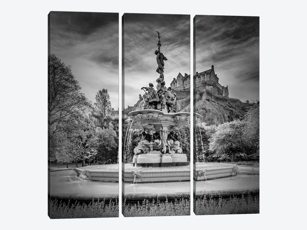 Ross Fountain And Edinburgh Castle - Monochrome by Melanie Viola 3-piece Canvas Artwork
