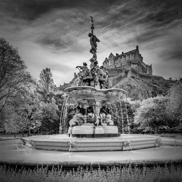 Castles & Palaces: Ross Fountain And Edinburgh Castle - Monochrome by Melanie Viola