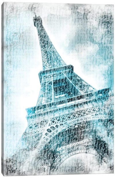 Paris Watercolor Eiffel Tower In Turquoise Canvas Art Print - Composite Photography