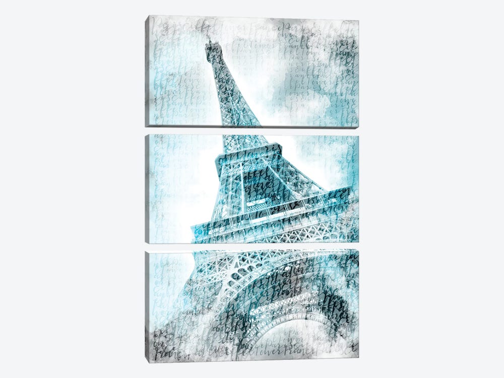 Paris Watercolor Eiffel Tower In Turquoise by Melanie Viola 3-piece Canvas Art