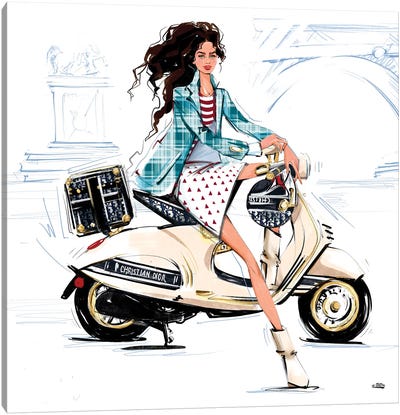 A Girl On A Vespa In Paris Canvas Art Print - Scooters