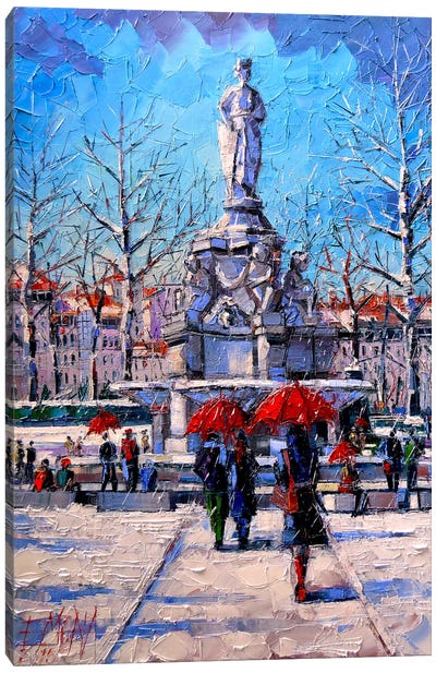 Winter City Scene - The Square Maréchal Lyautey In Lyon Canvas Art Print - Umbrella Art
