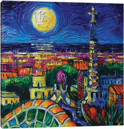 Barcelona Full Moon Canvas Art Print - Spain Art