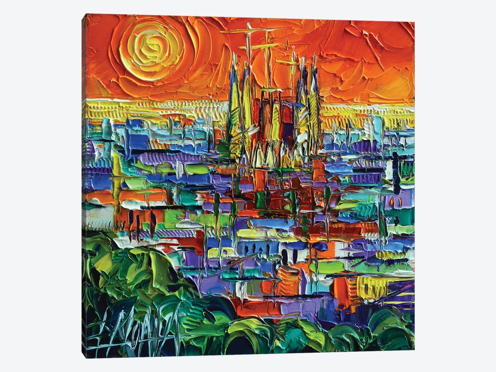 Barcelona View Stylized Cityscape by Mona Edulesco 1-piece Canvas Art Print