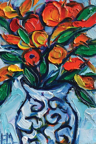 Abstract Orange Flowers In White Vase by Mona Edulesco framed wall art