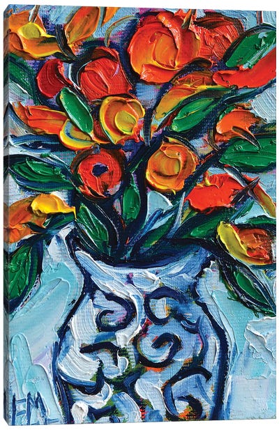 Abstract Orange Flowers In White Vase Canvas Art Print