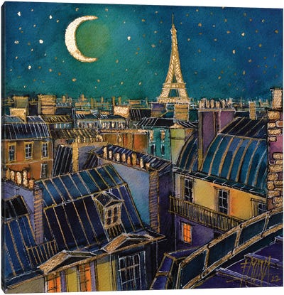 Night On The Paris Rooftops Canvas Art Print - Mona Edulesco