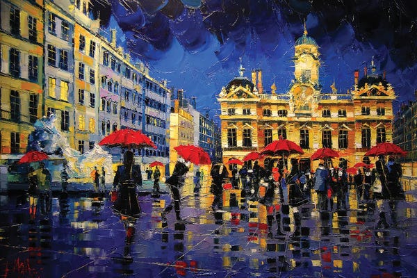 Illuminated Oil Paintings: The Red Umbrellas In Lyon France by Mona Edulesco