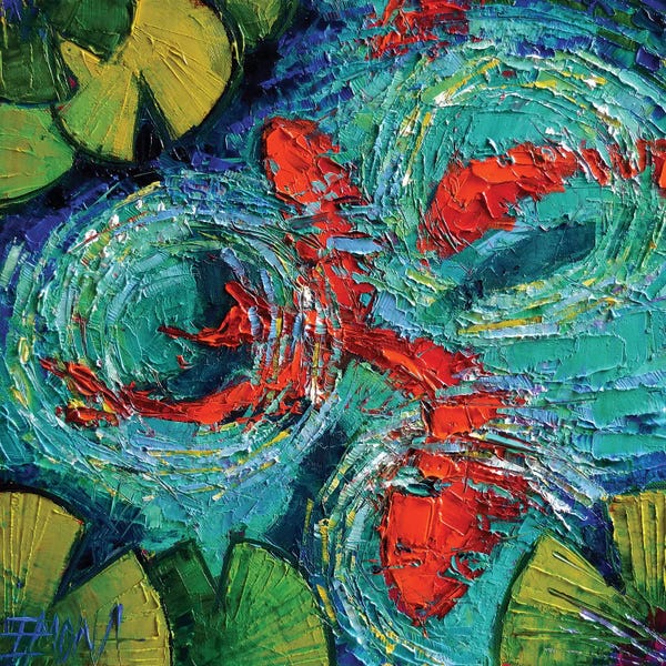 Mona Edulesco: Colorful Koi Fishes In Lily Pond by Mona Edulesco