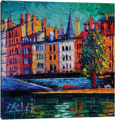 Colorful Waterfront In Lyon France Canvas Art Print - Mona Edulesco