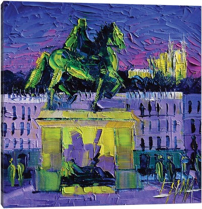 Louis XIV - Bellecour Square By Night Lyon Canvas Art Print - Current Day Impressionism Art