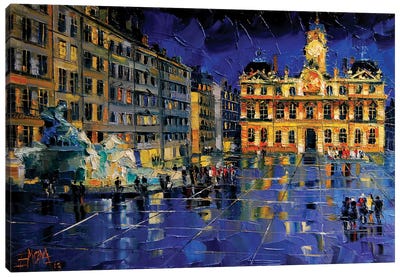 One Evening In Terreaux Square, Lyon Canvas Art Print - Current Day Impressionism Art