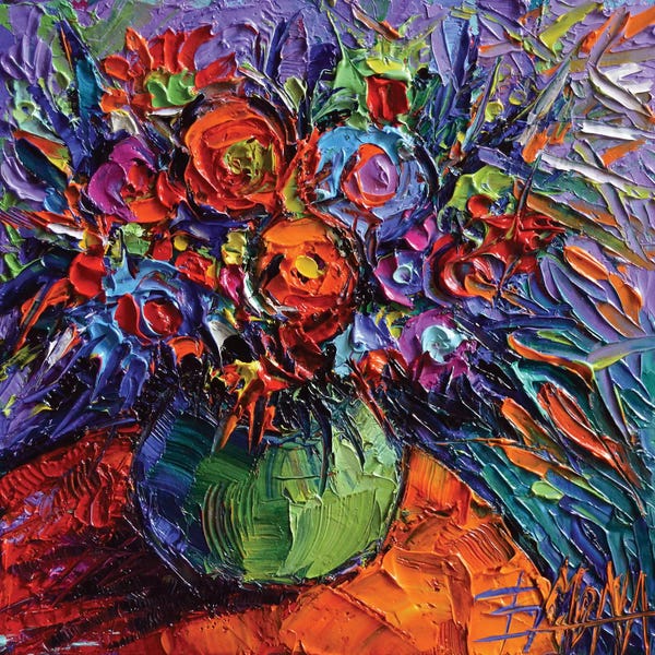 Mona Edulesco: Abstract Floral On Orange Table by Mona Edulesco