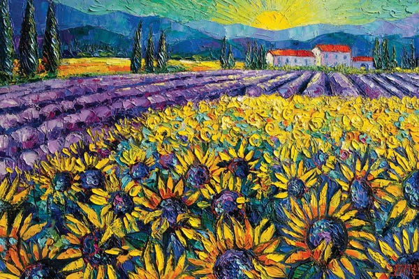 Intense Impressionism: Sunflowers And Lavender Field - The Colors Of Provence by Mona Edulesco