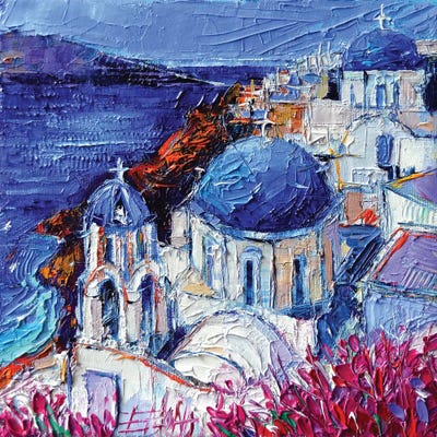 The Blue Domed Churches In Oia Santorini by Mona Edulesco framed canvas print