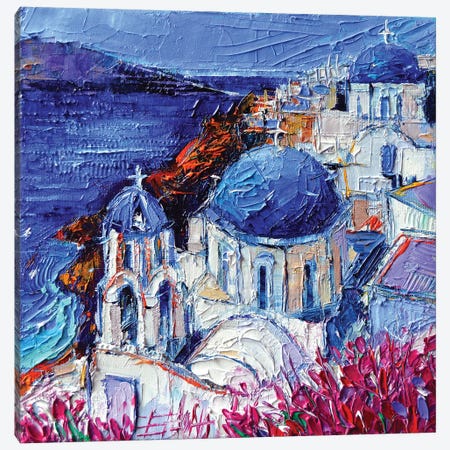 The Blue Domed Churches In Oia Santorini Canvas Print #MGE78} by Mona Edulesco Canvas Art Print
