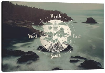 Ocean Fog Forest Pacific Northwest Beach Compass  Canvas Art Print - Rustic Décor
