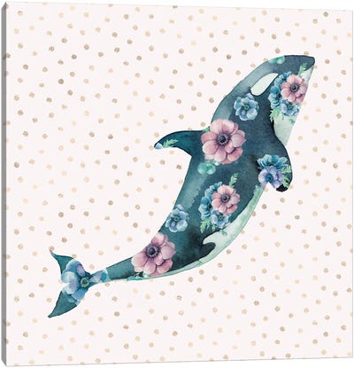 Pink And Blue Whale Ocean Floral Canvas Art Print - Kids Nautical & Ocean Life Art