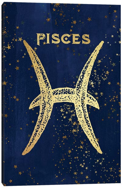 Pisces Zodiac Sign Canvas Art Print - Blue & Gold Art