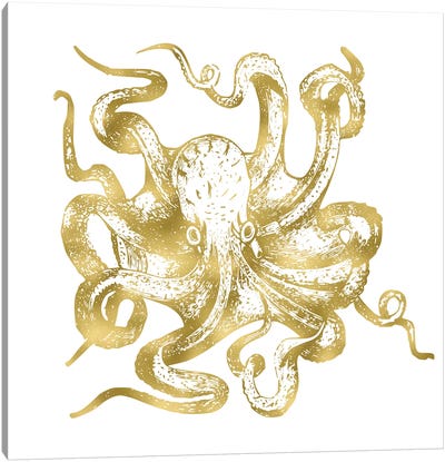 Vintage Gold Octopus Canvas Art Print - Gold & White Art