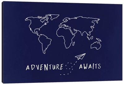 World Map Adventure Awaits Canvas Art Print - Blue & White Art