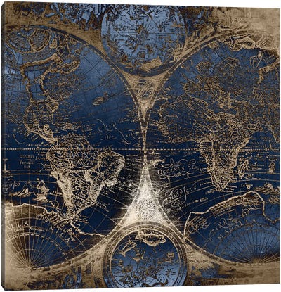 World Map Antique II Canvas Art Print - Blue & Gold Art