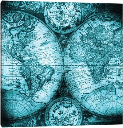 World Map Antique V Canvas Art Print - Teal Art