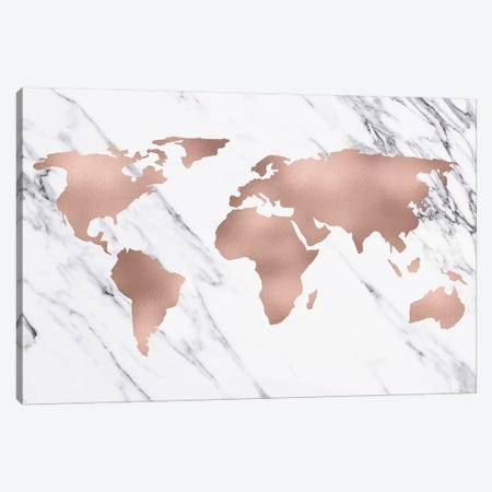 World Map In Rose Gold Canvas Print #MGK196} by Nature Magick Art Print