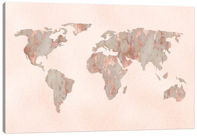 World Map Rose Gold Canvas Art Print - Modern Minimalist
