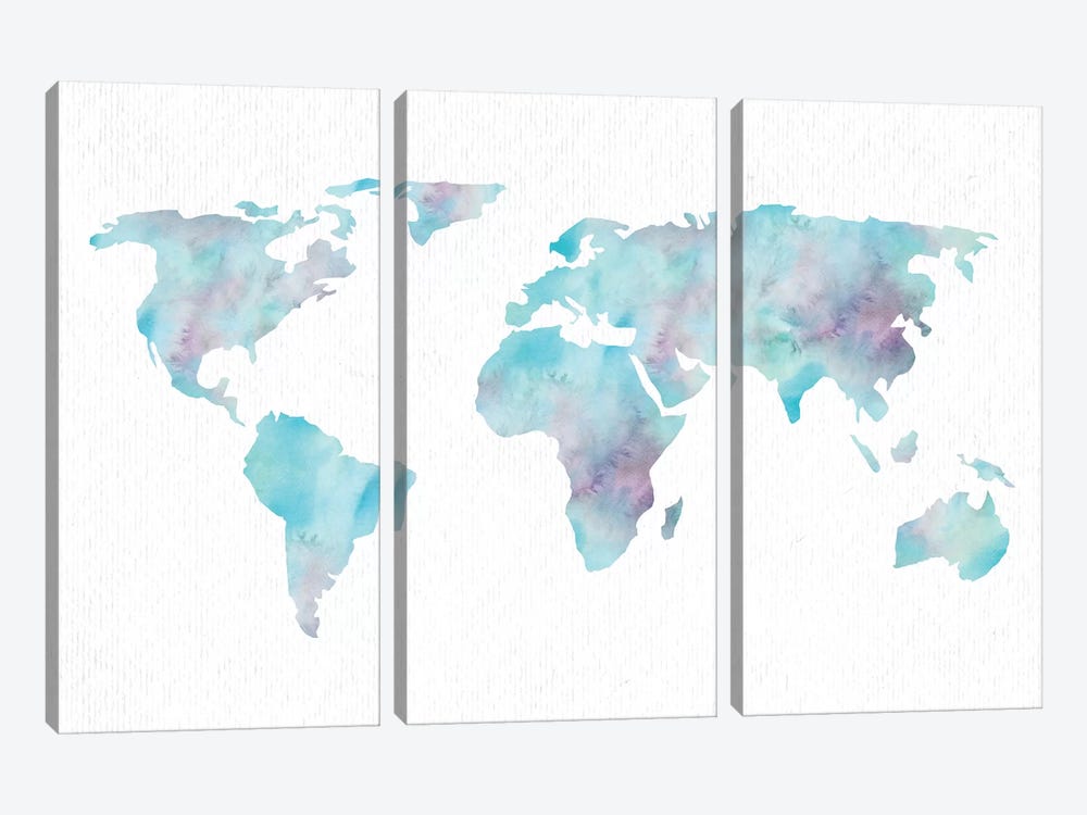 World Travel Map Ocean Blue 3-piece Canvas Art Print
