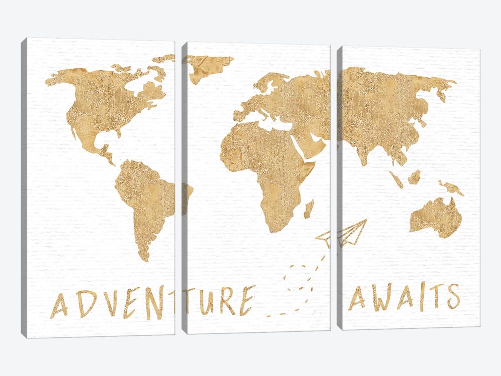 Adventure Awaits Map Metallic Gold by Nature Magick 3-piece Canvas Art Print