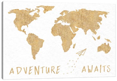 Adventure Awaits Map Metallic Gold Canvas Art Print - Kids Map Art