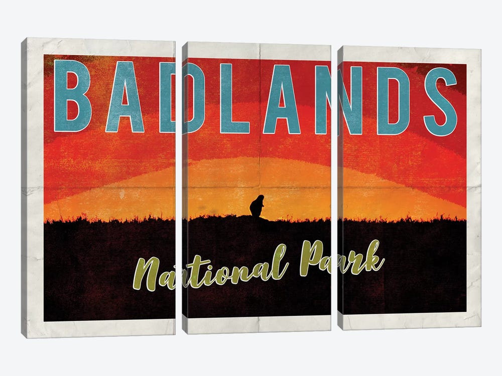 Badlands National Park Vintage Adventure Prairie Dog Sunrise Postcard by Nature Magick 3-piece Canvas Art Print
