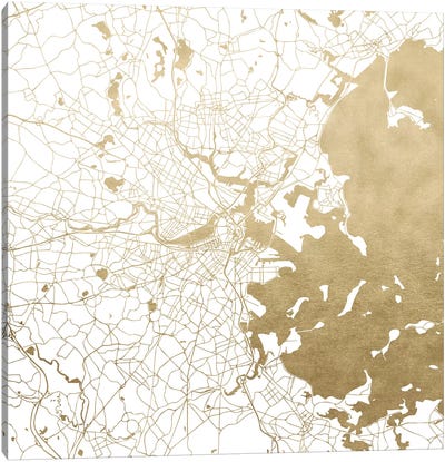 Boston Massachusetts City Map Canvas Art Print - Gold & White Art