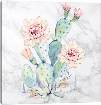 Cactus Floral Watercolor on Marble Canvas Art Print - Nature Magick