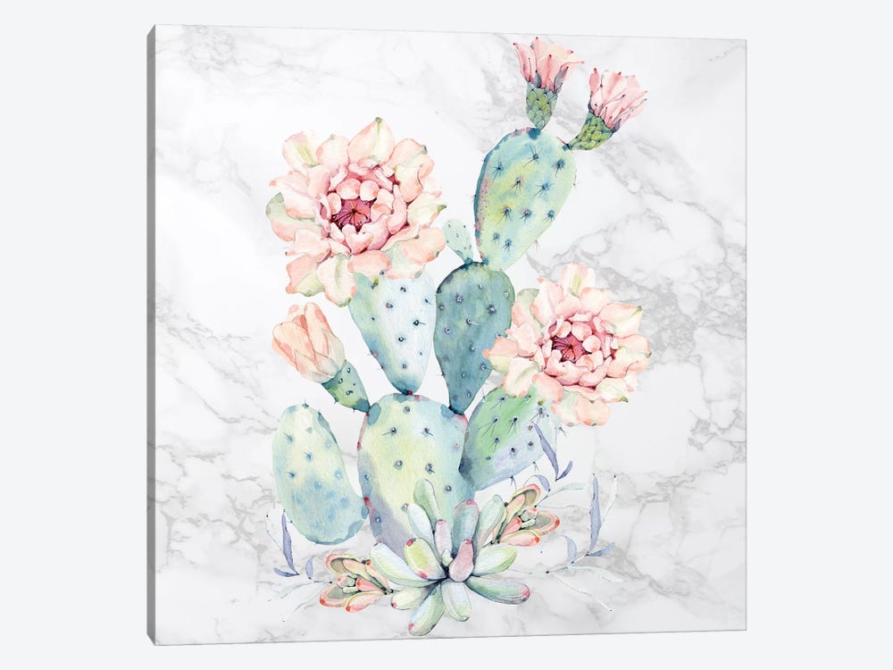 Cactus Floral Watercolor on Marble by Nature Magick 1-piece Canvas Wall Art