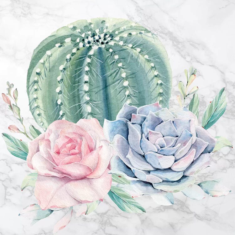 Desert Cactus and Succulents Floral Watercolor on Marble