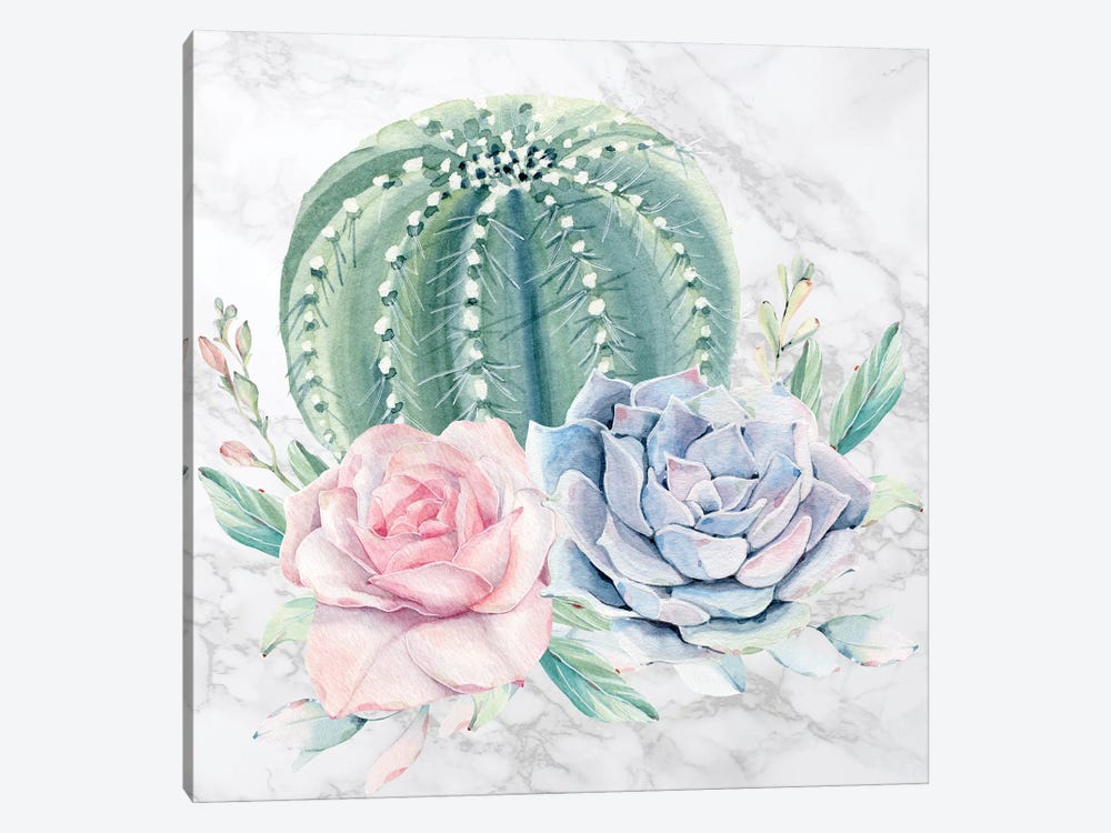 Desert Cactus and Succulents Floral Watercolor on Marble by Nature Magick 1-piece Canvas Wall Art