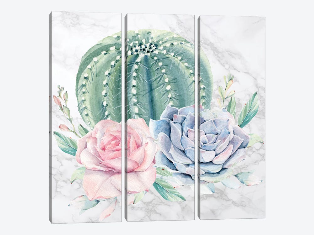 Desert Cactus and Succulents Floral Watercolor on Marble by Nature Magick 3-piece Canvas Artwork