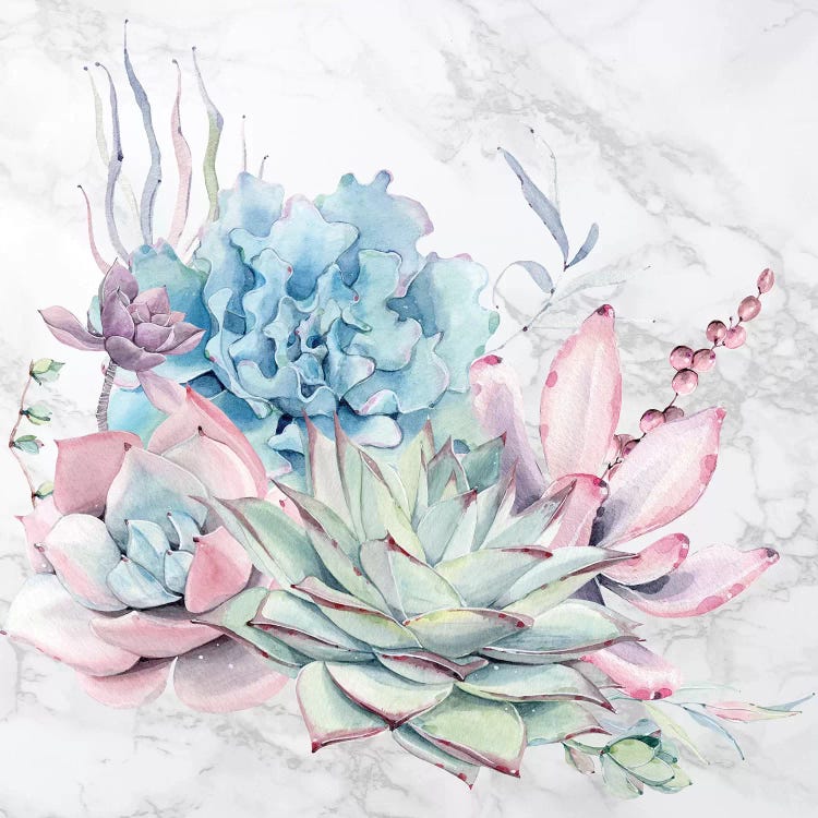 Desert Succulents Flowers Watercolor on Marble