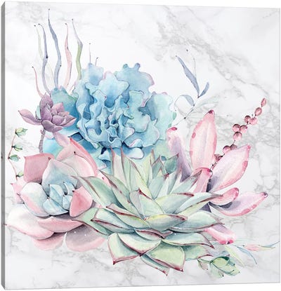 Desert Succulents Flowers Watercolor on Marble Canvas Art Print - Nature Magick